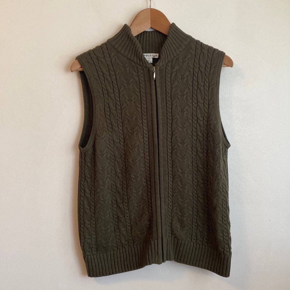 Pendleton Olive Green Cable Knit Sleeveless Zip Front Sweater Vest
